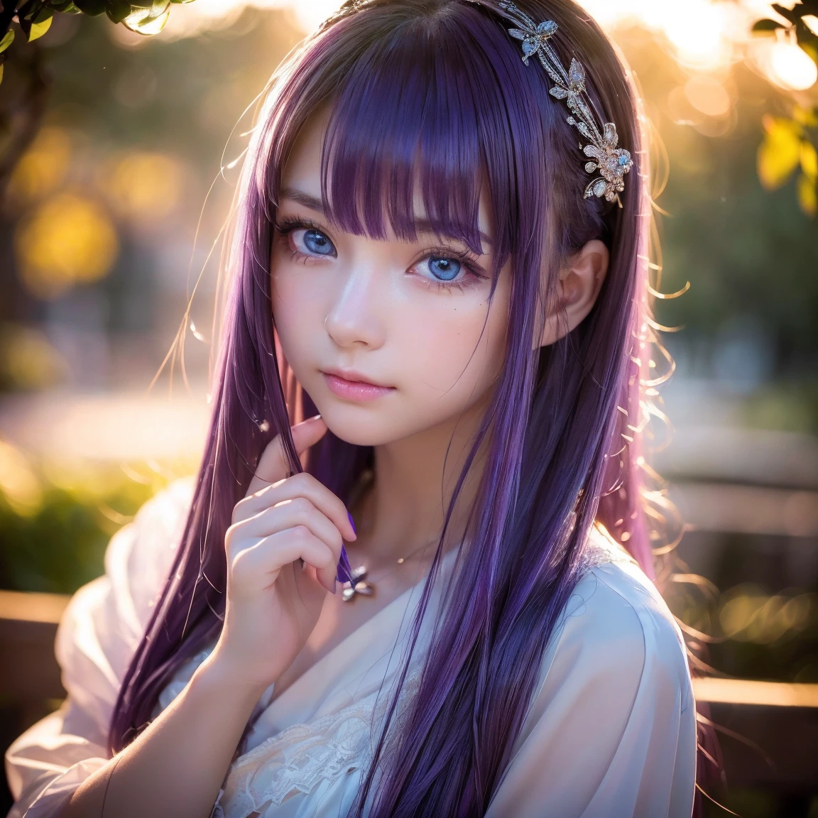 night, Raw photo, (((Very beautiful portrait))), (Glowing Skin)), 1 girl, 16 year old beautiful girl from Prague, (((Natural platinum Purple hair)), [Bright Blue Eyes], Super long hair, eyeliner, Fluttering Hair, bangs over eyes、Vibrant, ((masterpiece, 最high quality, Ultra Detail, Cinematic Light, Intricate details, High resolution, 8K, Very detailed)), Detail Background, 8K uhd, Digital single-lens reflex camera, Soft lighting, high quality, Film Grain, Fujifilm XT3, Shallow depth of field, Natural light, (Perfect hands), Perfect Face, View from afar、Small Face Beauty、