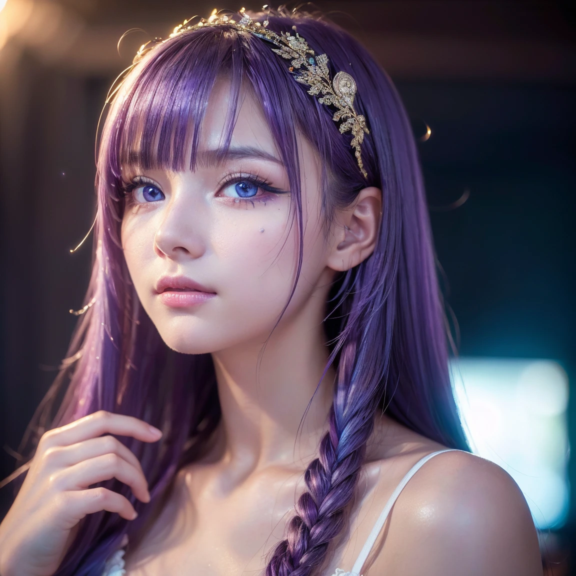 night, Raw photo, (((Very beautiful portrait))), (Glowing Skin)), 1 girl,  beautiful girl from Prague, (((Natural platinum Purple hair)), [Bright Blue Eyes], Super long hair, eyeliner, Fluttering Hair, bangs over eyes、Vibrant, ((masterpiece, 最high quality, Ultra Detail, Cinematic Light, Intricate details, High resolution, 8K, Very detailed)), Detail Background, 8K uhd, Digital single-lens reflex camera, Soft lighting, high quality, Film Grain, Fujifilm XT3, Shallow depth of field, Natural light, (Perfect hands), Perfect Face, View from afar、Small Face Beauty、