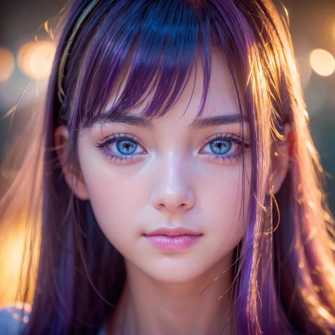 night, Raw photo, (((Very beautiful portrait))), (Glowing Skin)), 1 girl, 16 year old beautiful girl from Prague, (((Natural platinum Purple hair)), [Bright Blue Eyes], Super long hair, eyeliner, Fluttering Hair, bangs over eyes、Vibrant, ((masterpiece, 最high quality, Ultra Detail, Cinematic Light, Intricate details, High resolution, 8K, Very detailed)), Detail Background, 8K uhd, Digital single-lens reflex camera, Soft lighting, high quality, Film Grain, Fujifilm XT3, Shallow depth of field, Natural light, (Perfect hands), Perfect Face, View from afar、Small Face Beauty、