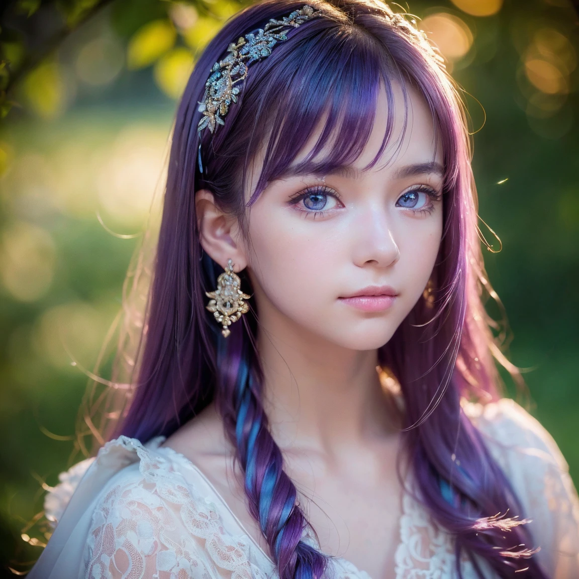 night, Raw photo, (((Very beautiful portrait))), (Glowing Skin)), 1 girl, 16 year old beautiful girl from Prague, (((Natural platinum Purple hair)), [Bright Blue Eyes], Super long hair, eyeliner, Fluttering Hair, bangs over eyes、Vibrant, ((masterpiece, 最high quality, Ultra Detail, Cinematic Light, Intricate details, High resolution, 8K, Very detailed)), Detail Background, 8K uhd, Digital single-lens reflex camera, Soft lighting, high quality, Film Grain, Fujifilm XT3, Shallow depth of field, Natural light, (Perfect hands), Perfect Face, View from afar、Small Face Beauty、