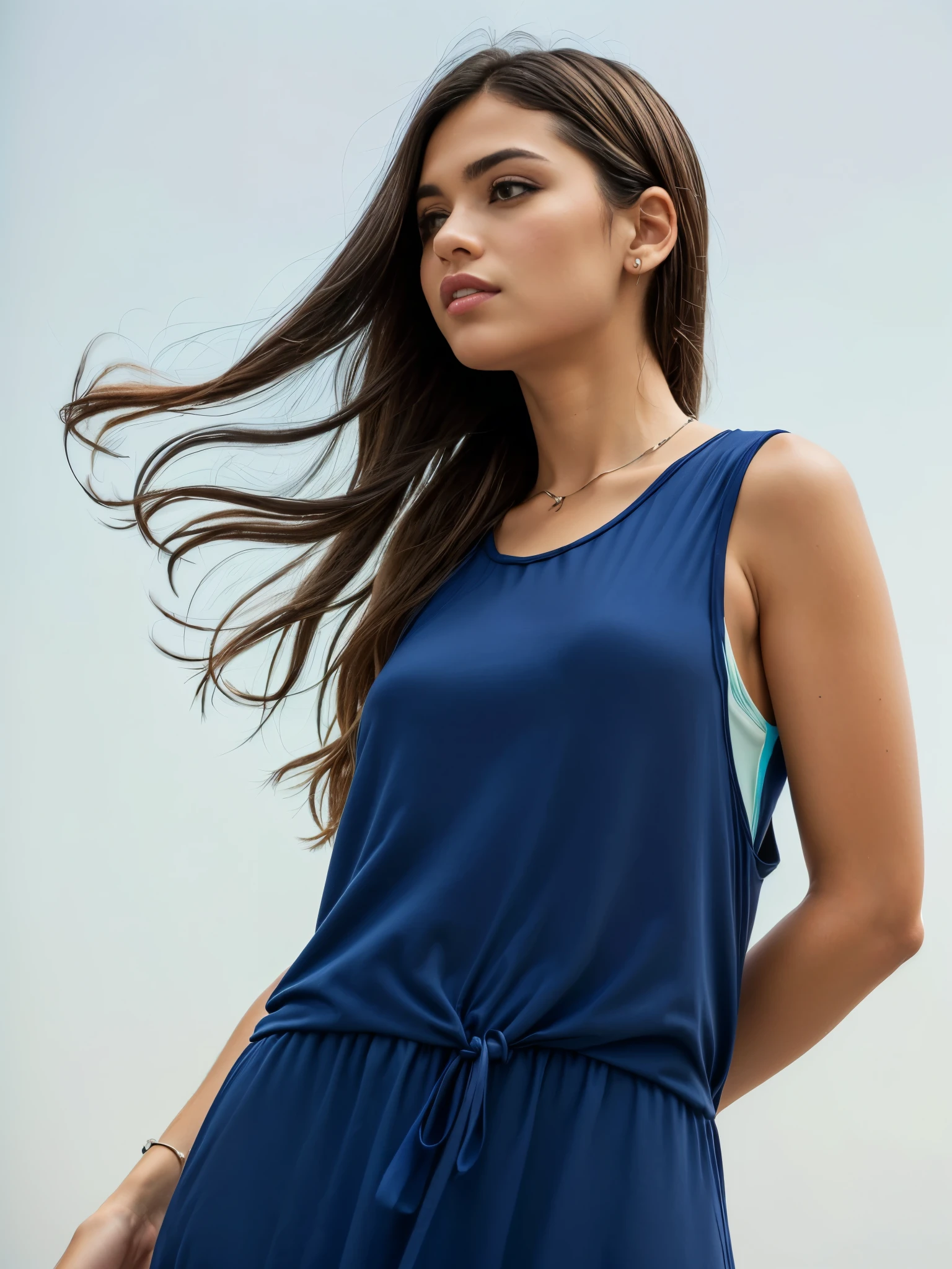 uma mulher com um vestido azul com um desenho verde e branco, vista traseira, tops sem mangas, vista lateral, vista lateral, top azul, marinha-blue, vista lateral, top - vista lateral, marinha, maxar, model is wearing technical vest, vestido, frente cheia, 3/4 vista lateral, vista traseira, marinha blue
