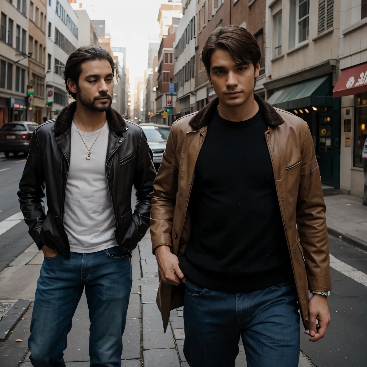 (ultra-detailed,high-res,masterpiece:1.2),realistic,detailed eyes and face,handsome man wearing trendy leather jacket and jeans,strutting down the streets of a vibrant Latin city,athletic and confident,showcasing his irresistible charm,streetlights casting a warm glow on the scene,accentuating the colorful architecture and lively atmosphere,portraits of stylish men lining the buildings,adding to the fashionable ambiance,hint of mystery in the air,as if inviting you to discover the secrets of this fashionable world,artistic portrayal of masculine beauty,exuding confidence and charisma,blending into the urban energy with ease,sensual undertones adding an alluring touch to the composition,subtle use of tulle fabric capturing the essence of modern fashion,enhanced with subtle lighting and vivid colors,creating a visually captivating masterpiece reminiscent of a high-end fashion editorial.