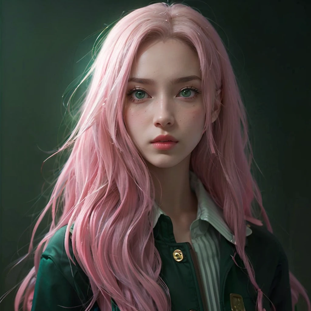 young woman, short shoulder-length pink hair, wide forehead, porcelain skin, pink eyebrows, big emerald green eyes, buttoned nose, full lips, heart-shaped face, slender body, small breasts, red tank top, Sakura Haruno , realistic, realism, details, 3d, well detailed