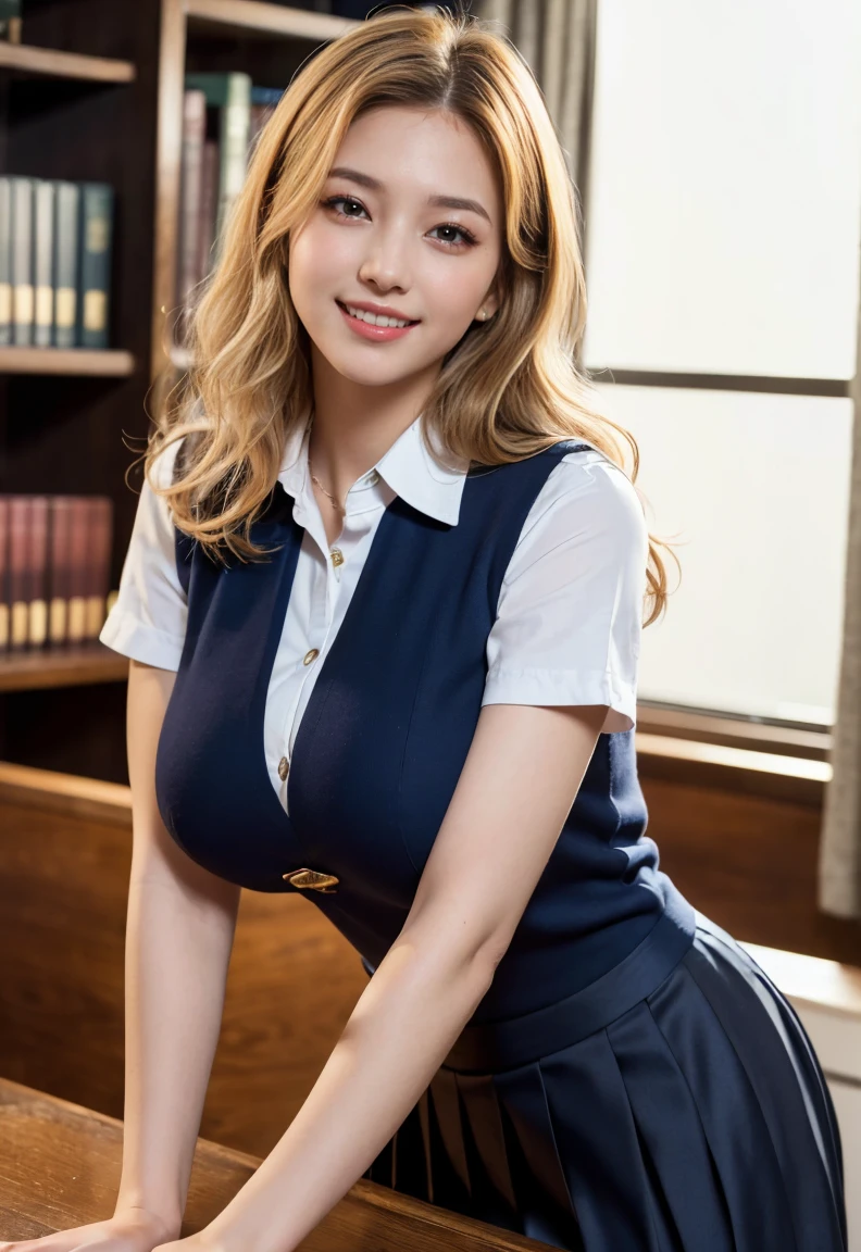 (((neat woman,Bright-eyed excitement,kind big smile,blush,blush,red cheek,please touch me,tempting viewer,i want you))),(all fours,all fours,hip higher),((((blush,red cheek)))),(cinematic lighting), (Photo real:1.4)、(A hyper-realistic:1.4)、(Photorealistic:1.3)、 (gentle lighting: 1.05)、(Improve the lighting quality of your video:0.9)、 32k、25years old woman、photorealistic lighting、Back lighting、Facial Lights、Ray Trace、(bright:1.2)、(Increase quality:1.4)、 (best quality real texture skin)、Fair eyes,delicate face、 Close-up of the face,  ((Wearing the white collared shirt,navy vest-dress uniform,(no printed navy pleated skirt),high-heel),(Bodyline mood improvement:1.1)、Glossy skin、Korean Idol、Nogizaka Idol、good figure,perfect anatomy,Beautiful actress,(((beautiful huge breasts,underboob,slender waist,slender hip,long slender legs,8heads tall))),(((8heads tall))),(((blonde wavy hair,curtain bangs))),(((in the beautiful modern office of library,super clean night view,in the night))),