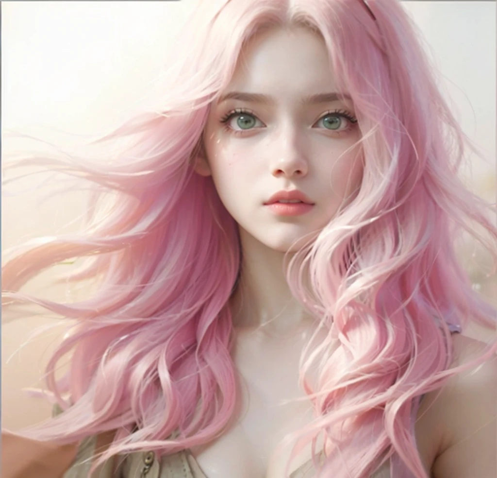 young woman, short shoulder-length pink hair, wide forehead, porcelain skin, pink eyebrows, big emerald green eyes, buttoned nose, full lips, heart-shaped face, slender body, small breasts, red tank top, Sakura Haruno , realistic, realism, details, 3d, well detailed