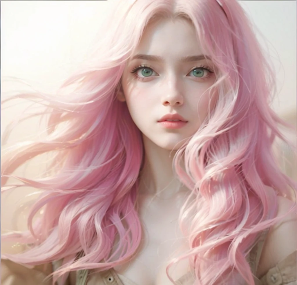 young woman, short shoulder-length pink hair, wide forehead, porcelain skin, pink eyebrows, big emerald green eyes, buttoned nose, full lips, heart-shaped face, slender body, small breasts, red tank top, Sakura Haruno , realistic, realism, details, 3d, well detailed
