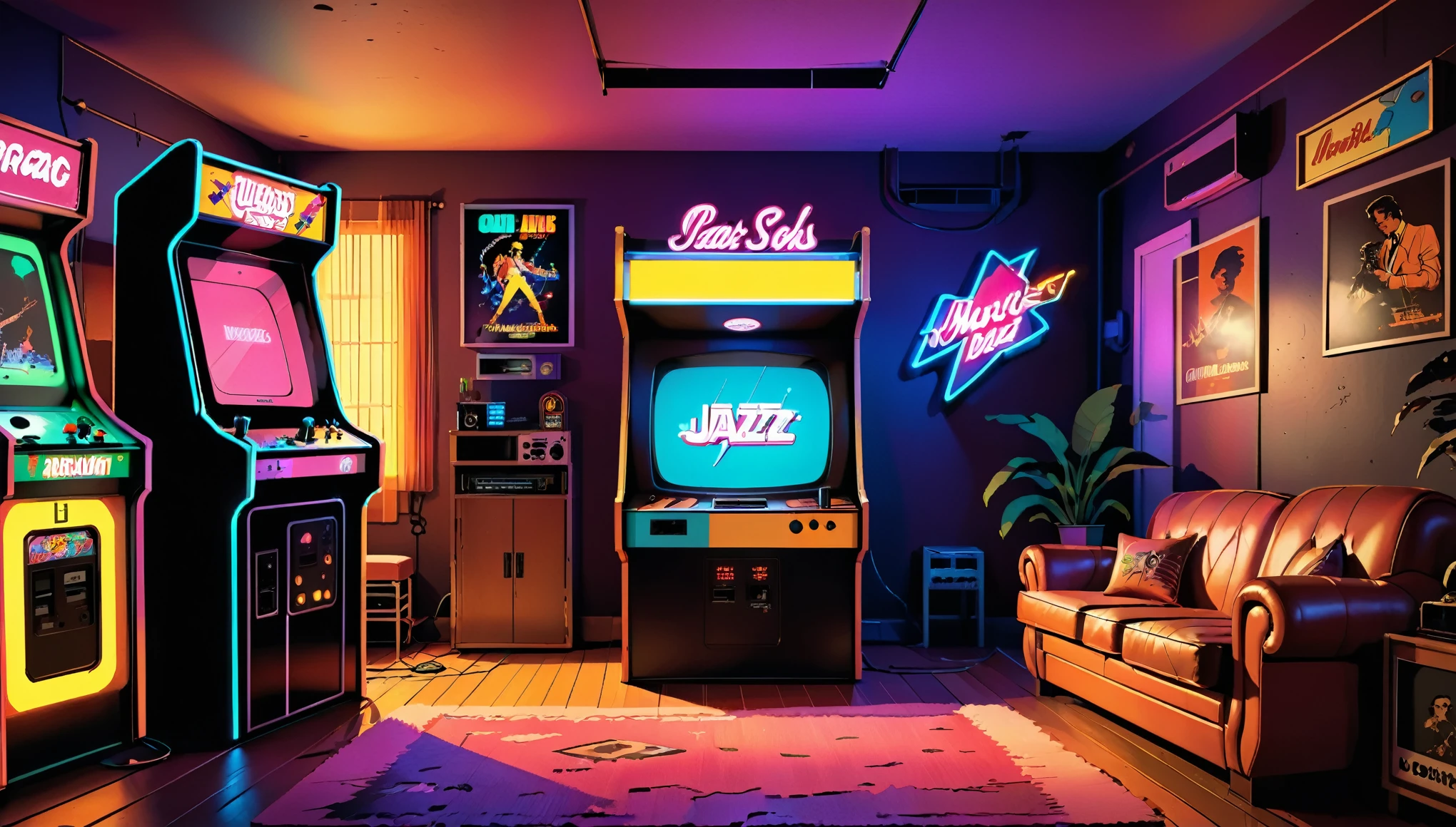 style color palette dominates the scene, with vibrant neon hues. A retro arcade cabinet stands beside the television, inviting you to play and relive the golden age of gaming. The room is adorned with vintage posters of iconic movies and music artists from the era. A worn-out leather couch sits in the center, perfectly complementing the nostalgic ambiance. Soft jazz music fills the air, creating a soothing atmosphere. The warm, cozy lighting casts gentle shadows on the walls, adding depth to the room. The grainy texture of the old TV screen adds a touch of authenticity to the overall composition. This masterpiece captures the essence of the 80s, transporting you back in time to experience the magic of that era. (best quality, highres), (retro, nostalgic, vintage:1.1), (pixelated, flickering, 80s-inspired), (neon, vibrant colors), (arcade cabinet), (movie posters, music artists), (worn-out leather couch), (soft jazz music), (warm lighting, gentle shadows), (grainy texture), (nostalgia, authentic experience), (80s, time travel).