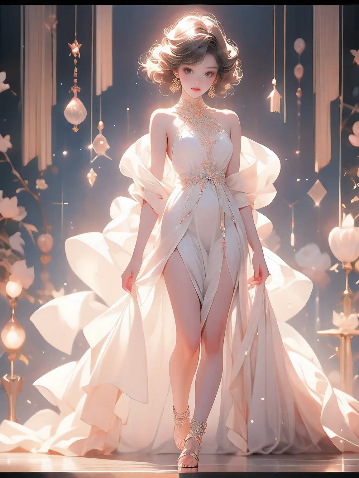 masterpiece:1.2, highest quality, 16k, highres, ultra-realistic, photorealistic:1.37, beautiful detailed:1.2, cute girl, Fashion show, fashion model Striking a pose while standing elegantly on the runway, beautiful delicate artistic avant-garde revealing dress, gently smile, beautiful delicate(hair, face, long eyelash, eyes, pupils, lips, knee, anklet, dress), sparkling eyes, shining rosy lips, blushed cheek, through bangs,