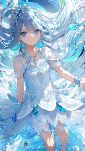 masterpiece, best quality, illustration, sax blue, platinum earrings, platinum necklace, white dress, 1girl, long blue dress, small water droplets, walking on water, barefoot, blue anklet, charm bracelets, cute delicate facial features, detailed eyes, sharp pupils, realistic pupils, depth of field, bokeh, sharp focus, (hyper-detailed, bloom, glow:1.4), many small gems