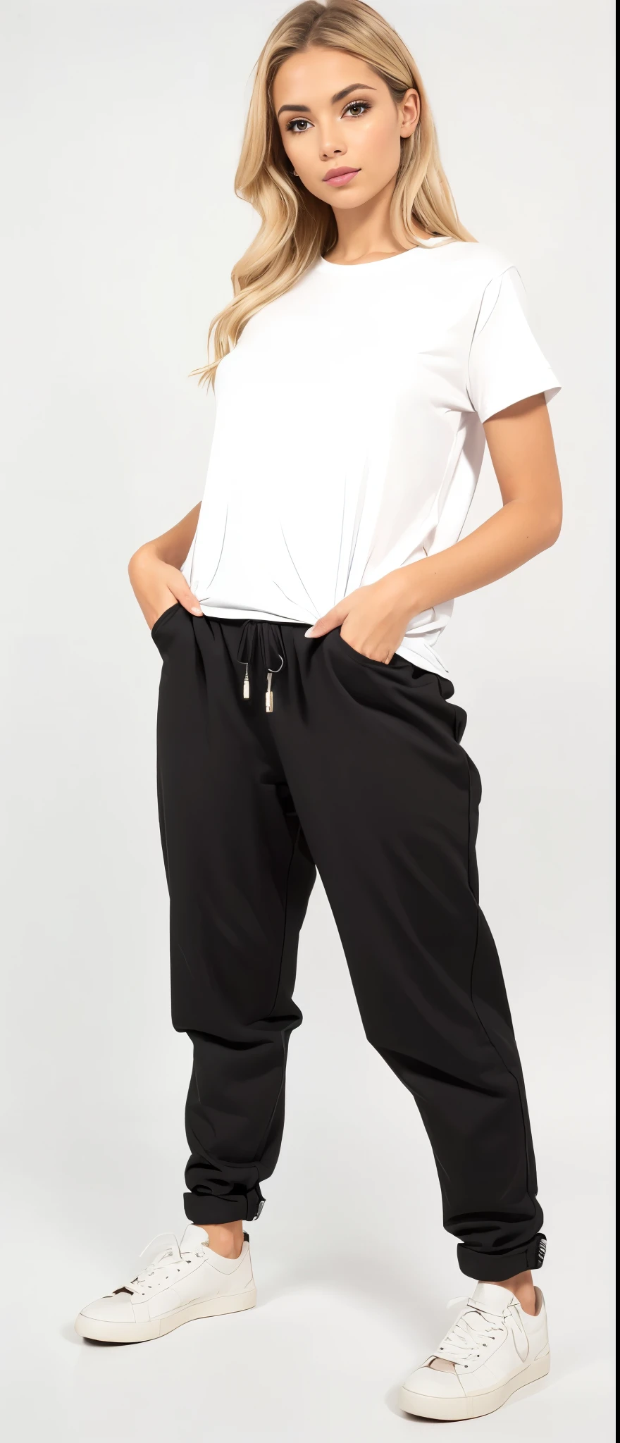 a woman in white shirt and black pants standing on a white background, black pants, black jeans pants, baggy black pants, black pants, Loose pants, big pants, black pants, wearing pants and a t-shirt, denim trousers, roupas casuais modernas, jeans largos, roupas modernas casuais, high-waisted pants, black sweatpants, wearing pants