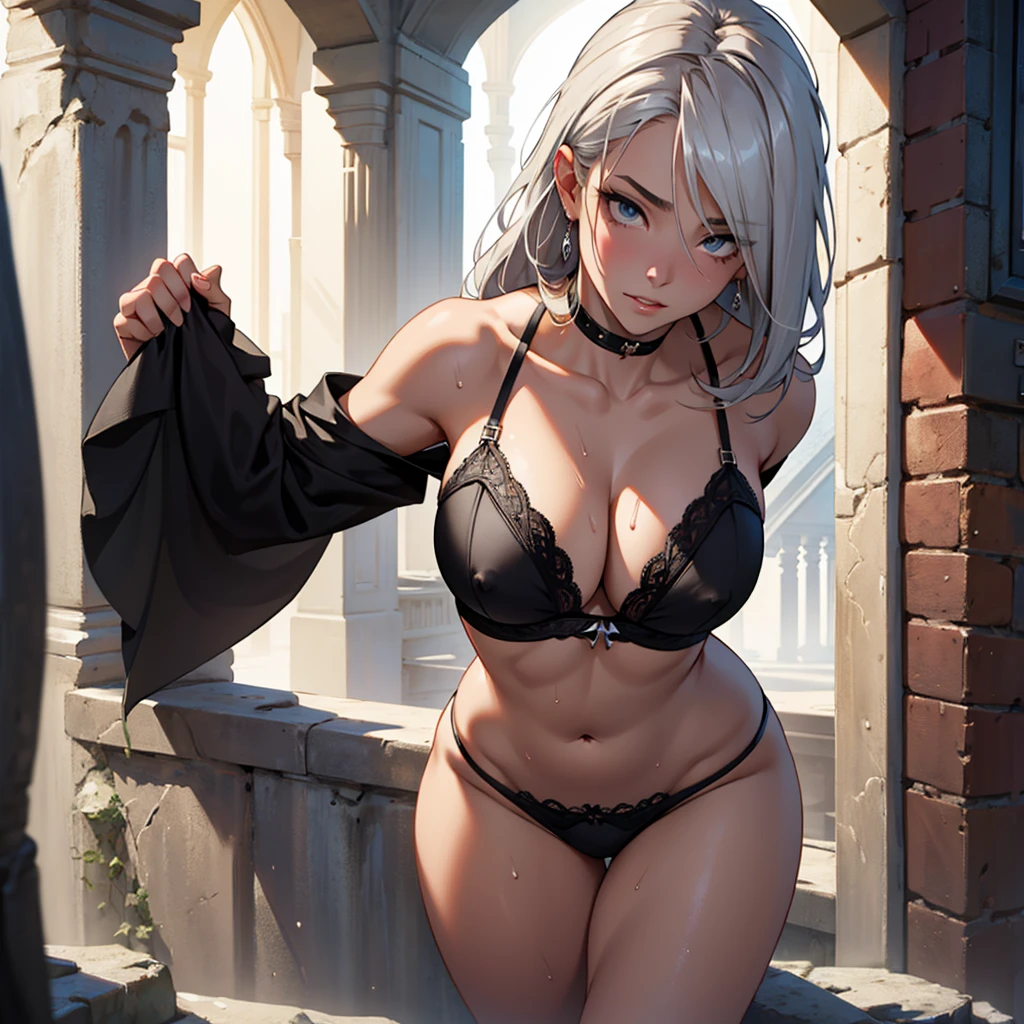 ((fantasy art)), extreme sensuality, stunning shadows, expertly detailed, epic, powerful and deep. An incredibly beautiful, hot and deeply sexy woman has her torso completely slumped forward, her beautiful, naked breasts are hanging and swaying, she is leaning forward and leaning with one hand against an old wall. Her facial expression is one of sexual pleasure. She is wearing sexy lingerie and every inch of her body shines with sweat about to run down her body. Her body is incredibly sensual, seductive, beautiful and she is wearing lingerie. She is very sexually excited, she is topless, her breasts are gigantic and her nipples are incredibly big and horny. She has piercings and jewelry on her big nipples. His silver hair is very long and straight. Full body, full body. She is facing forward, leaning forward, her hips are wide. ((best quality)), ((masterpiece)), (high resolution: 1.2), ((best quality)), ((masterpiece)), (high resolution: 1.2)