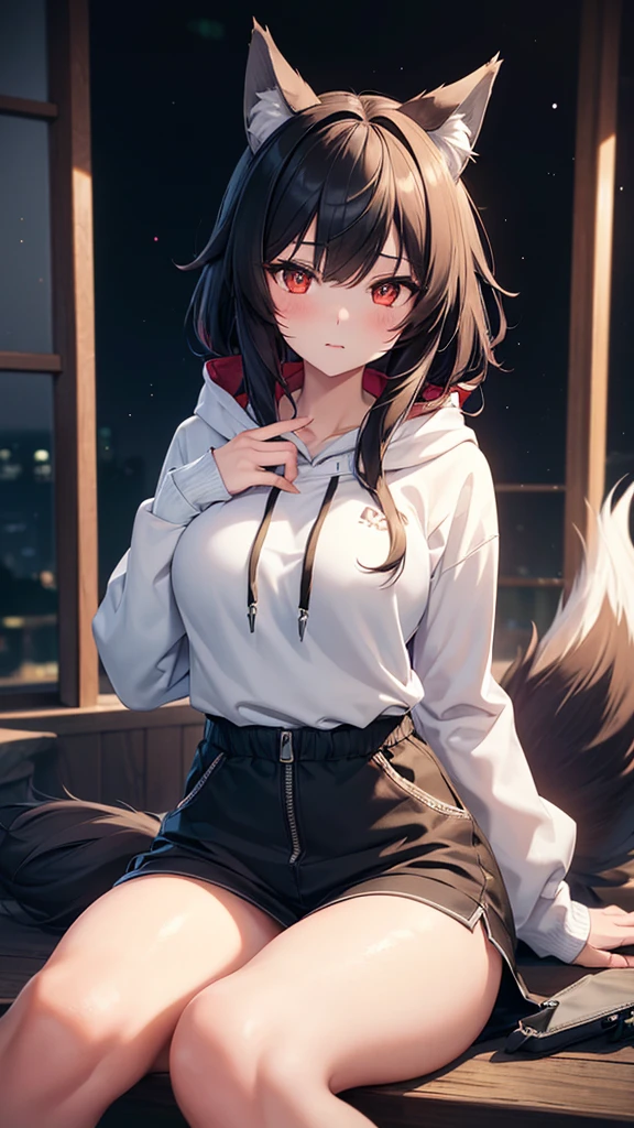 ((1girl, wolf girl, wolf girl, wolf ears, wolf tail, fluffy tail, fluffy ears, large tail, one tail, [tail attached to tailbone])), teenager, light skin, blood red eyes, black hair with red highlights, neck length hair, strong, starry eyes, stern expression, zipper hoodie sweatshirt, cargo shorts, modestly dressed, pants down to knees, beautiful, athletic, clean fingers, well-formed fingers, no extra limbs, high detail, romanticism, film lighting, ray tracing, motion rye, uhd, high detail, top quality, 8k, sitting down, safe for work, facing viewer,
