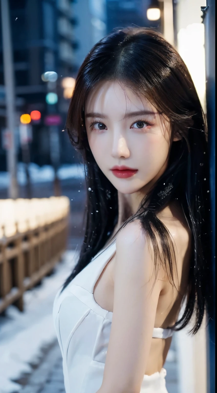 、(top quality,masterpiece:1.3,Ultra-high resolution,),(Super detailed,Caustic lines),(Reality:1.4,RAW Shooting,)Ultra-realistic capture,Very detailed,HD 16K，Suitable for human skin、 Natural skin texture、、Skin looks healthy and even-toned、 Use natural light and color,A woman,Kawaii,black hair,Medium Length Hair,(Depth of Field、Chromatic Aberration、、Wide lighting range、Natural shadows、)、(Nighttime outdoor lighting:1.4)、(Snow Scene:1.2)、(Hair blowing in the wind:1.1)