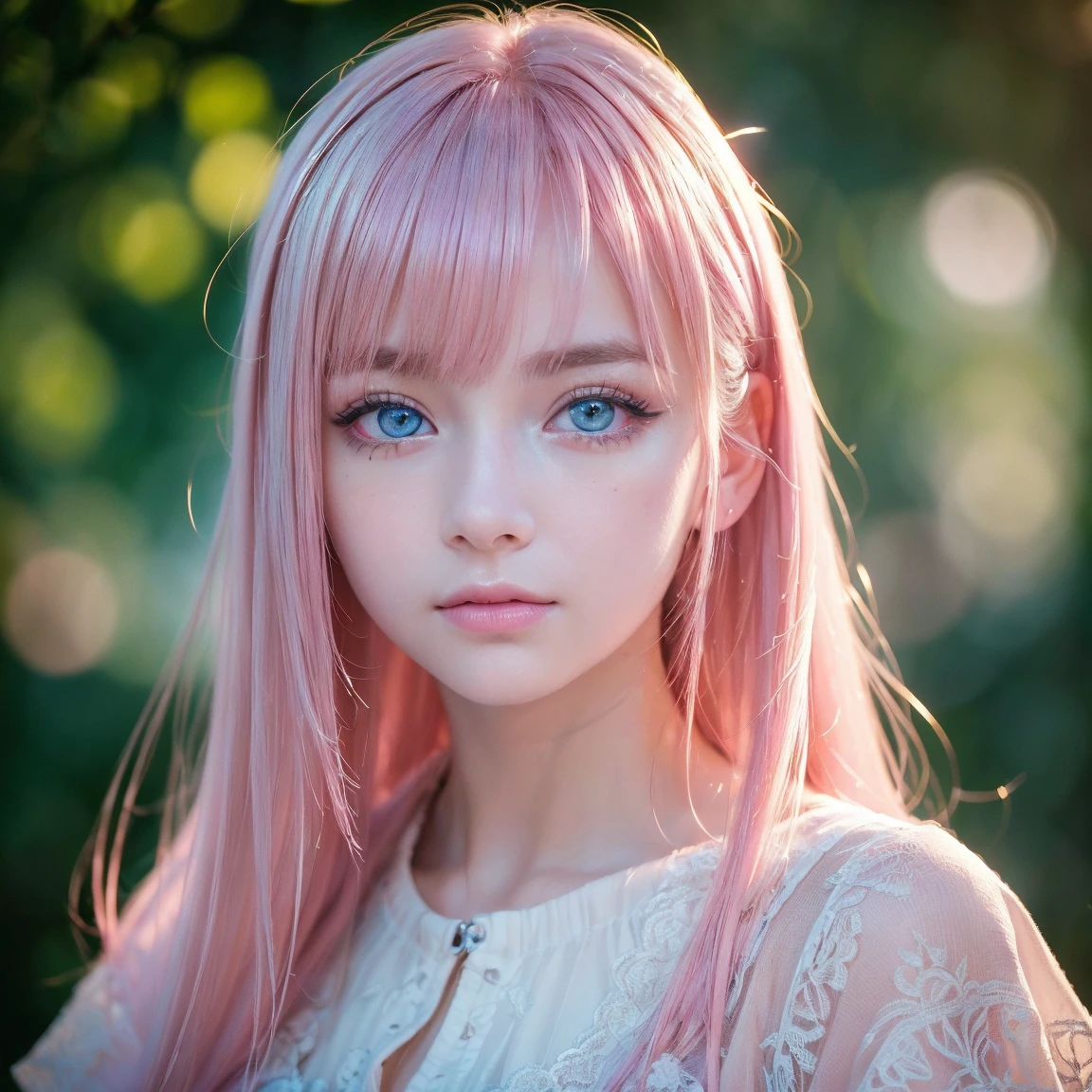 night, Raw photo, (((Very beautiful portrait))), (Glowing Skin)), 1 girl,  beautiful girl from Prague, (((Natural platinum Pink hair)), [Bright Blue Eyes], Super long hair, eyeliner, Fluttering Hair, bangs over eyes、Vibrant, ((masterpiece, 最high quality, Ultra Detail, Cinematic Light, Intricate details, High resolution, 8K, Very detailed)), Detail Background, 8K uhd, Digital single-lens reflex camera, Soft lighting, high quality, Film Grain, Fujifilm XT3, Shallow depth of field, Natural light, (Perfect hands), Perfect Face, View from afar、Small Face Beauty、