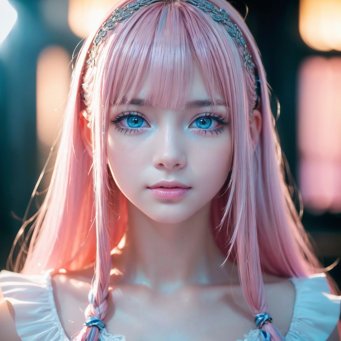 night, Raw photo, (((Very beautiful portrait))), (Glowing Skin)), 1 girl,  old beautiful girl from Prague, (((Natural platinum Pink hair)), [Bright Blue Eyes], Super long hair, eyeliner, Fluttering Hair, bangs over eyes、Vibrant, ((masterpiece, 最high quality, Ultra Detail, Cinematic Light, Intricate details, High resolution, 8K, Very detailed)), Detail Background, 8K uhd, Digital single-lens reflex camera, Soft lighting, high quality, Film Grain, Fujifilm XT3, Shallow depth of field, Natural light, (Perfect hands), Perfect Face, View from afar、Small Face Beauty、