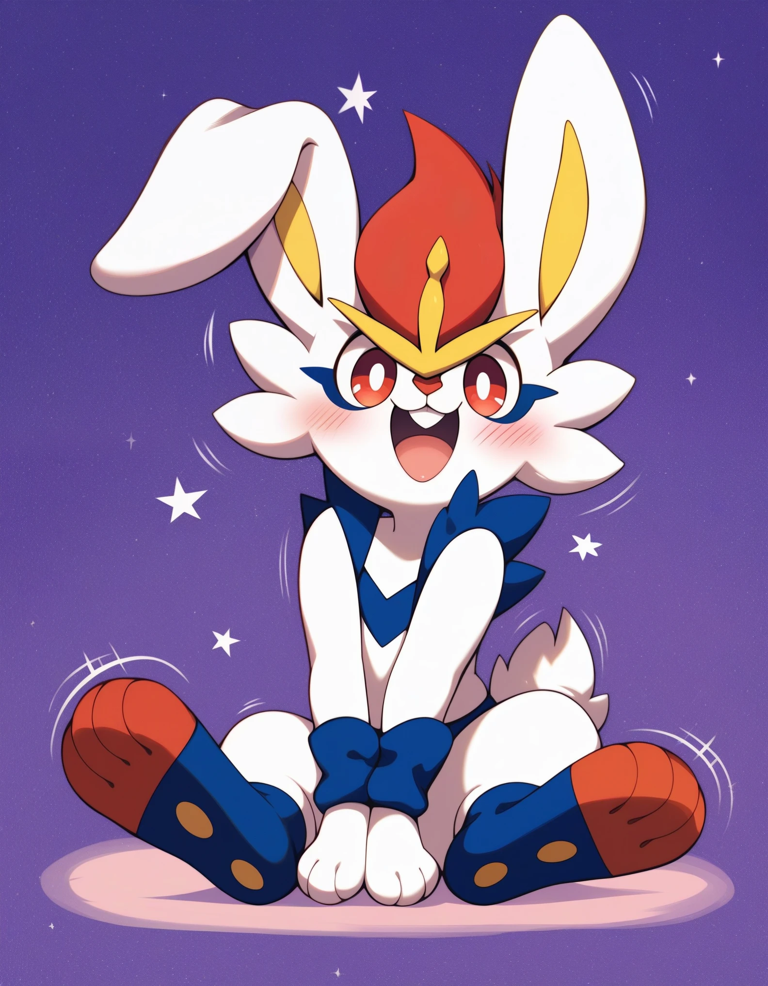 score_9, score_8_up, score_7_up, source_furry, rating_safe, cinderace, red eyes, (posing:1.3), (soft shading), 4k, hi res, five fingers, detailed hands, ((detailed face, (detailed eyes:1.0), detailed)), by zackarry911, by zaush, (by personalami:0.5), solo, looking at viewer, blush, smile, open mouth, sitting, full body, :3, happy, motion lines, purple background, furry symbol in eye,buck teeth, rabbit