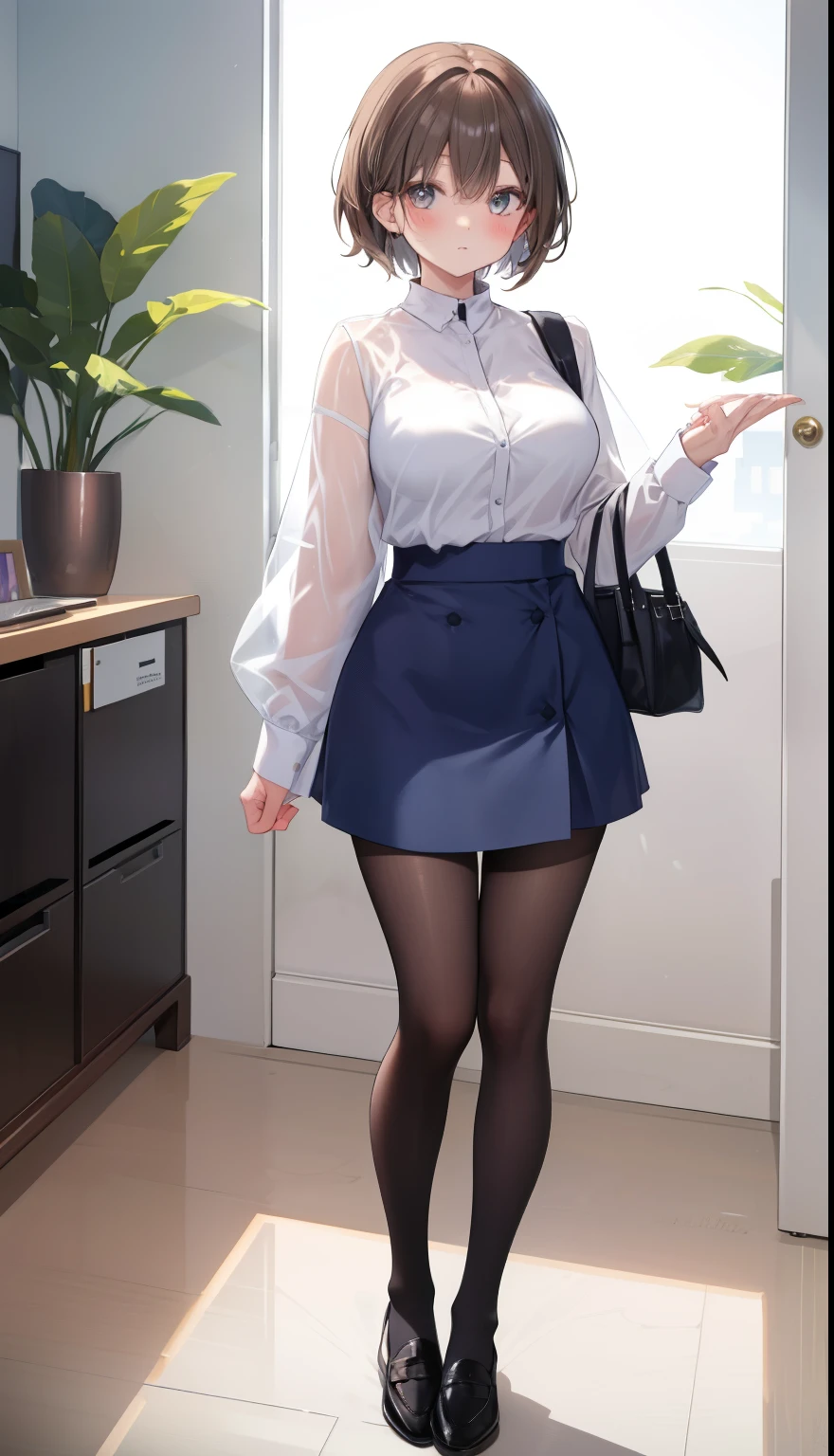 One Girl、positive、Standing posture、Full body portrait、Brown haired、Medium Haircut、blush、Absolute area、Knee socks、Knee-length、stockings、pantyhose、レースpantyhose、White underwear、Light blue shirt、Blue-gray business suit、Grey tight mini skirt、Japanese office lady、Summer clothes、office、Daytime、(Very large breasts)、((Lesbians all over))、masterpiece、(highest quality)、
Panties around the ankles、loafers