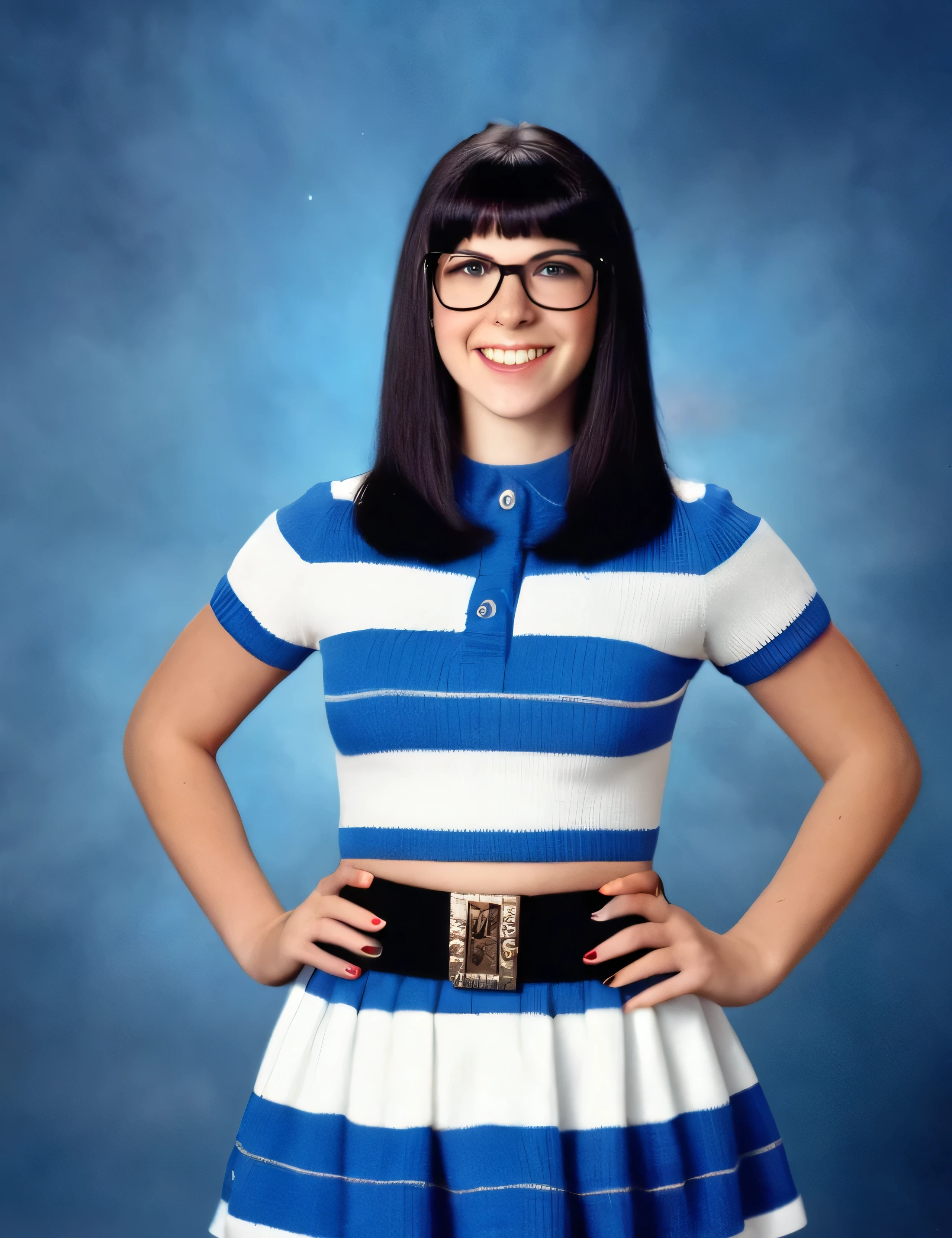 18-year-old Lenna Nimoy posing for her Senior picture - long, straight, black hair, the bangs cut straight across the forehead, blue eyes, big tits, thick black framed eyeglasses, short, skintight, formfitting, blue and white-striped short-sleeved, pullover, nylon mini dress with a belt and black converse sneakers, Sparkling, Sky blue Background, professional quality studio 8x10 UHD Digital photograph by Scott Kendall - multicolored spotlight, Photorealistic, realistic stock photo, Professional quality Photograph. colored Fog - Multicolored lightning, 3D bubbles, hearts, stars, clovers