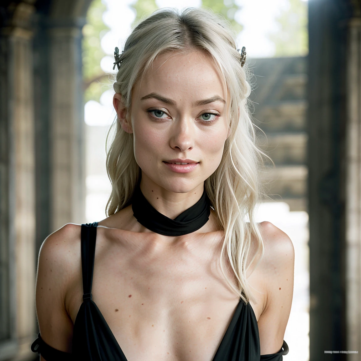 Photo Mid Shot solo portrait of [Olivia wilde] as [Daenerys Targaryen] as a real-life version of (Daenerys Targaryen), Targaryen white hair, with (sexy black dress), (sexy neckline), charming smile, by Hubert Robert and Alex Timmermans ultra realistic highly detailed intricate photorealistic style photography sharp focus on the eyes, cinematic lighting