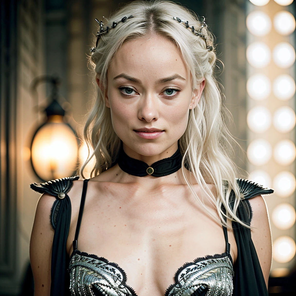 Photo Mid Shot solo portrait of [Olivia wilde] as [Daenerys Targaryen] as a real-life version of (Daenerys Targaryen), Targaryen white hair, with (sexy black dress), (sexy neckline), charming smile, by Hubert Robert and Alex Timmermans ultra realistic highly detailed intricate photorealistic style photography sharp focus on the eyes, cinematic lighting