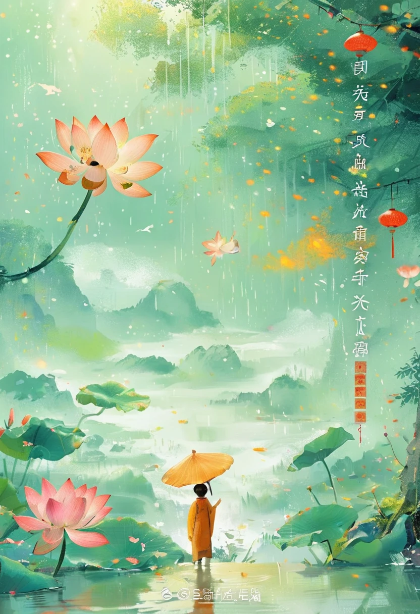 1girl, Cai GuoRUN's illustration style, Flat illustration style，Showing the characteristics of beach New Year paintings，Shuttle，Lotus Stand，Door God，Fairies gather，Bright image，colorful，Exquisite details，Flickering Lights and Shadows，Expressing struggle and hope, 1cgrssh1