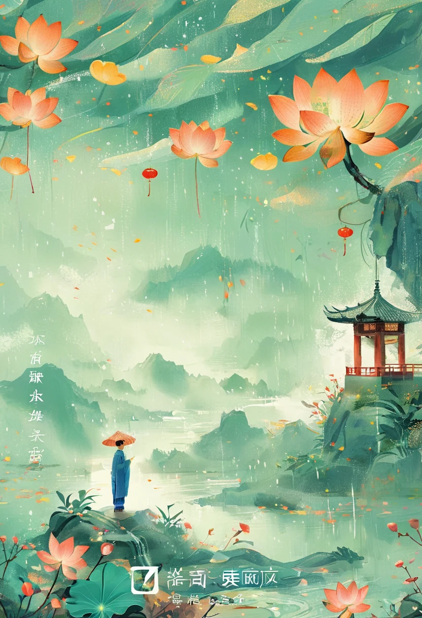 1girl, Cai GuoRUN's illustration style, Flat illustration style,Showing the characteristics of beach New Year paintings,Shuttle,Lotus Stand,Door God,Fairies gather,Bright image,colorful,Exquisite details,Flickering Lights and Shadows,Expressing struggle and hope, 1cgrssh1