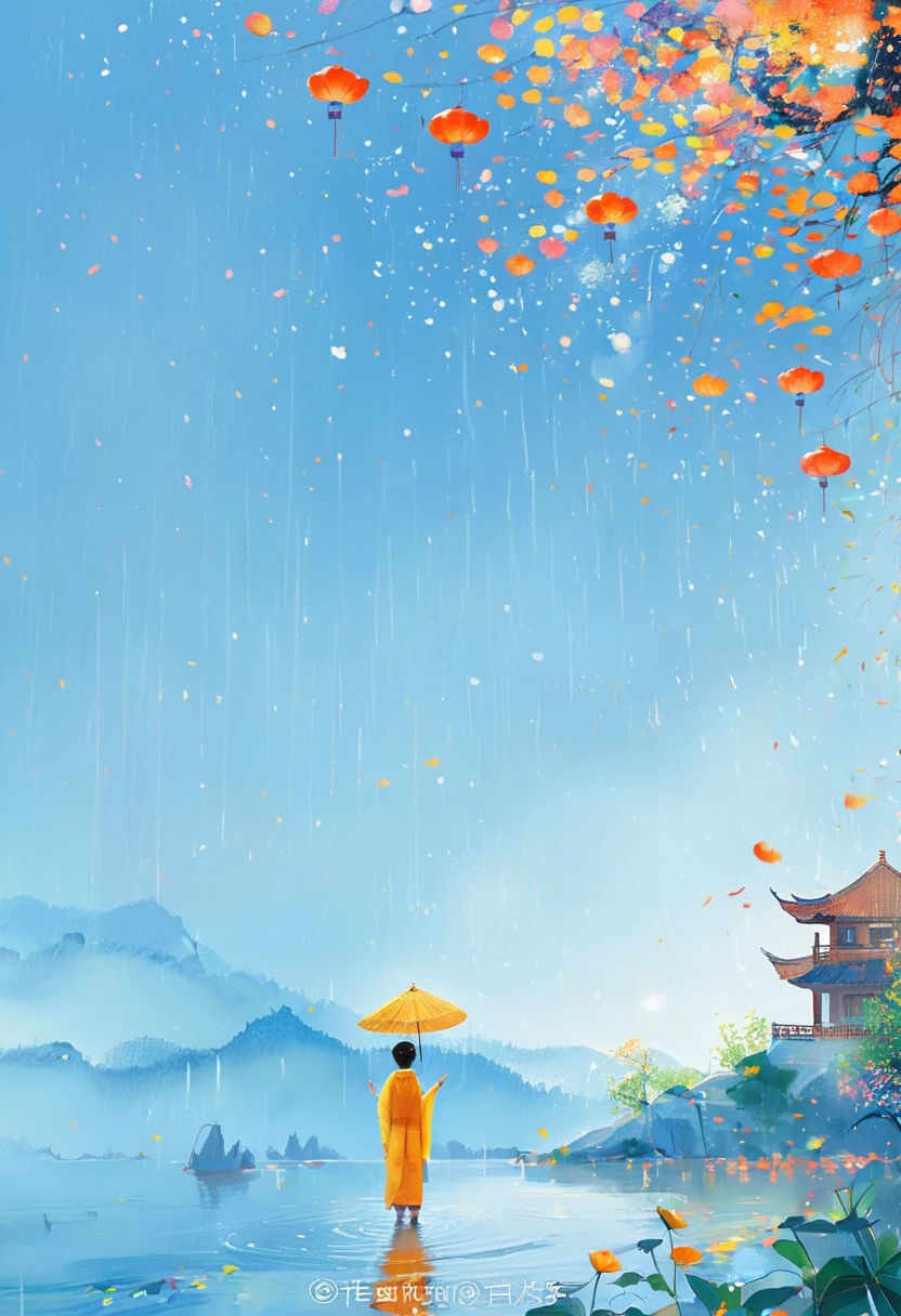 1girl, Cai GuoRUN's illustration style, Flat illustration style,Showing the characteristics of beach New Year paintings,Shuttle,Lotus Stand,Door God,Fairies gather,Bright image,colorful,Exquisite details,Flickering Lights and Shadows,Expressing struggle and hope, 1cgrssh1