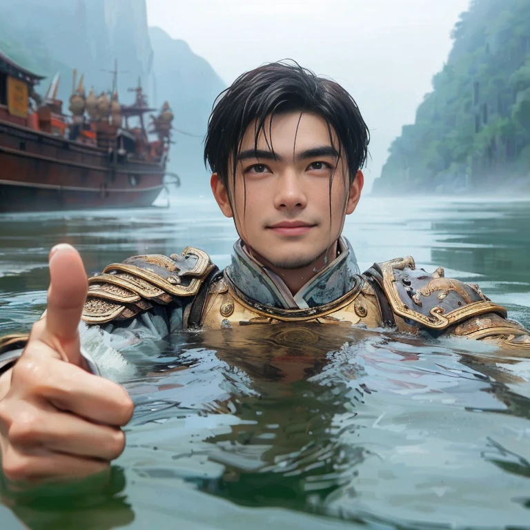(Best Quality:1.2), (high resolution:1.2), (beautiful face and eye:1.5), (sharpest focus:1.2), (Ultra-realistic Photo:1.2), (Ultra-precise Photo:1.2), (Depth of field:1.2), (8k high resolution:1.2). (perfect anatomy:1.2),
(nice hands:1.5), (perfect hands:1.5), (One drowning Chinese man:1.2), (Very young and beautiful Chinese man:1.0), (Smiling thumbs up in a state of resignation:1.2), (Looking up angle:1.2),
(Chinese warrior in very light clothing, beaten up:1.0), (Majestic Chinese river:1.0), (Cynical smile:1.0), (Giant battleship:1.0), (Mars shining reddish-red in the night sky:1.2),