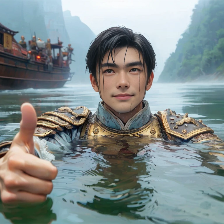 (Best Quality:1.2), (high resolution:1.2), (beautiful face and eye:1.5), (sharpest focus:1.2), (Ultra-realistic Photo:1.2), (Ultra-precise Photo:1.2), (Depth of field:1.2), (8k high resolution:1.2). (perfect anatomy:1.2),
(nice hands:1.5), (perfect hands:1.5), (One drowning Chinese man:1.2), (Very young and beautiful Chinese man:1.0), (Smiling thumbs up in a state of resignation:1.2), (Looking up angle:1.2),
(Chinese warrior in very light clothing, beaten up:1.0), (Majestic Chinese river:1.0), (Cynical smile:1.0), (Giant battleship:1.0), (Mars shining reddish-red in the night sky:1.2),