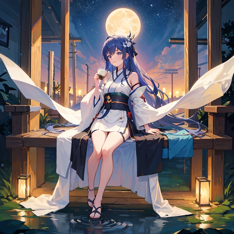 wallpaper, highly detailed, illustration, 1 girl, Azure hair, long hair, detailed eyes, forest, bare shoulders, hanfu, lakes, pure, soft smile, bamboo, Tea, drinking tea, night time, starry sky, full moon, full body