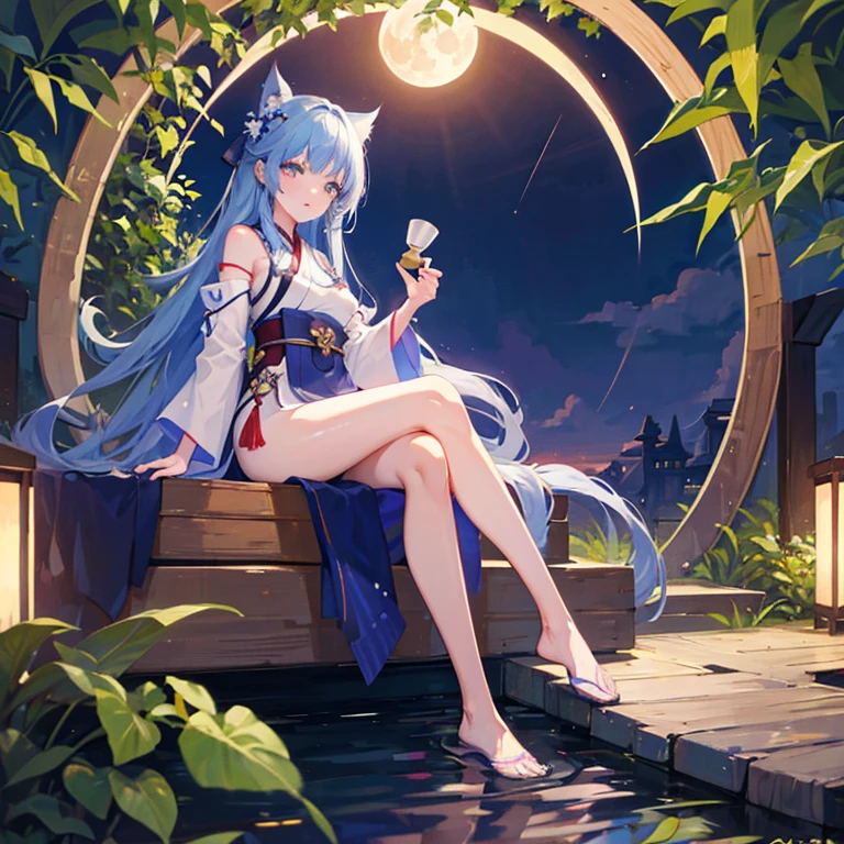 wallpaper, highly detailed, illustration, 1 girl, Azure hair, long hair, detailed eyes, forest, bare shoulders, hanfu, lakes, pure, soft smile, bamboo, Tea, drinking tea, night time, starry sky, full moon, full body