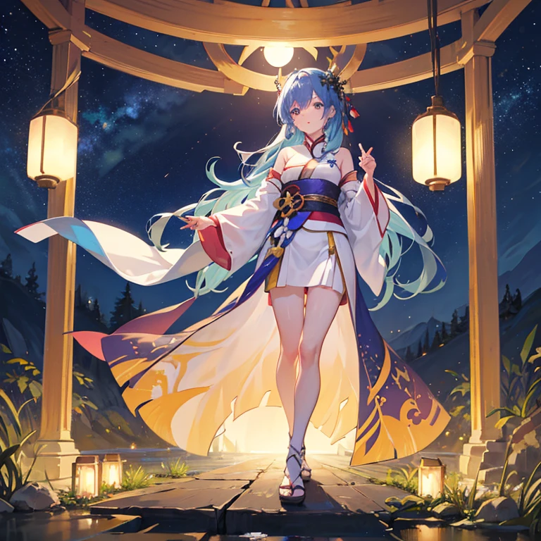 wallpaper, highly detailed, illustration, 1 girl, Azure hair, long hair, detailed eyes, full body, forest, bare shoulders, hanfu, lakes, pure, soft smile, bamboo, Tea, drinking tea, night time, starry sky, full moon, short hem