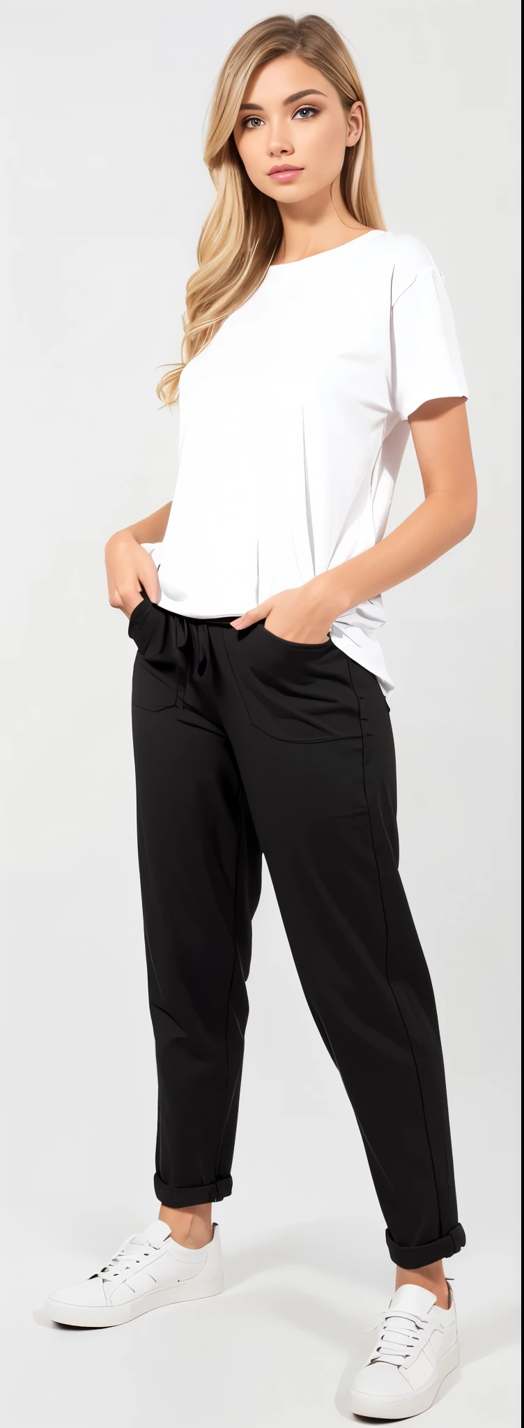 a woman in white shirt and black pants standing on a white background, black pants, black jeans pants, baggy black pants, black pants, Loose pants, big pants, black pants, wearing pants and a t-shirt, denim trousers, roupas casuais modernas, jeans largos, roupas modernas casuais, high-waisted pants, black sweatpants, wearing pants