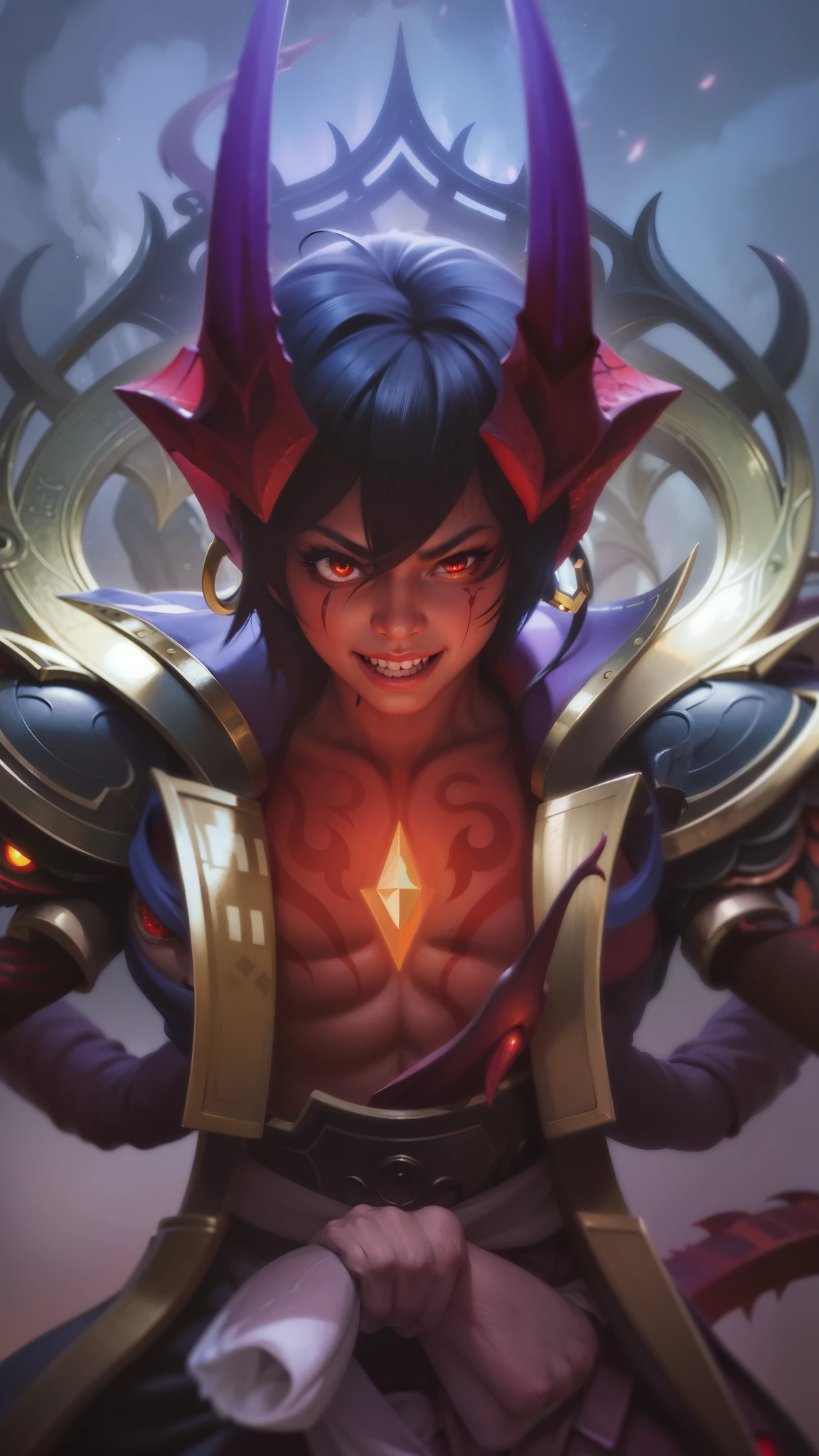 a close up of a person with a demonic face and a sword, Masterpiece, ultra HD, detailed all picture, a close up of a devil, dyrroth from mobile legend, evil, extremely detailed artgerm, mobile legends character, inspired by Dyrroth, Six pack chest and abs, yellow jewel above the chest, light red eyes, glare.