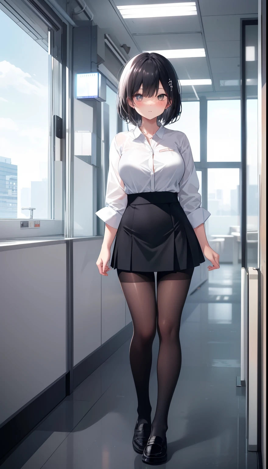 One Girl、positive、Standing posture、Full body portrait、Black Hair、Medium Haircut、blush、Absolute area、Black knee-high socks、Knee-length、stockings、Black Pantyhose、White underwear、Light blue shirt、Blue-gray business suit、Grey tight mini skirt、Japanese office lady、Summer clothes、office、Daytime、（Very large breasts）、((Lesbians all over))、masterpiece、（highest quality）、
Panties around the ankles、loafers