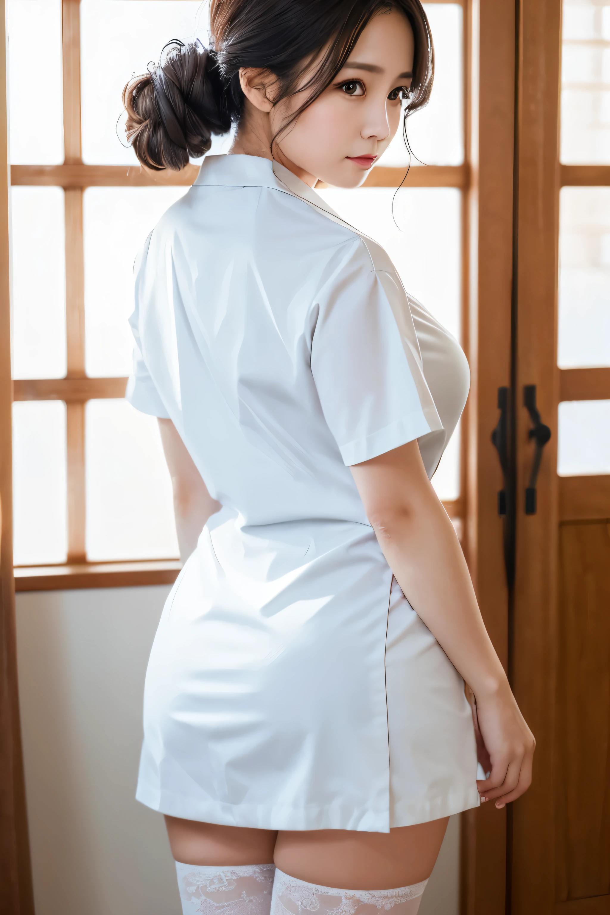 (1 woman)、(Beautiful Japanese、38years old,round face、Refreshing、clear、seems kind、stylish、Pitiful、cute like an angel、cute、black eyes、,actress,Narrow eyes,Adult atmosphere), Good style , (Beautiful big breasts:1.2),(soft breasts),(very cute),(Black hair),(updo),(enchanting eyes),(highlight on eyes:1.2)、(8K、Live shooting、highest quality、masterpiece:1.2、optimal lighting)、((masterpiece)),(Photo taken by a professional photographer),(real、photo real:1.4),break,{ (White nurse costume),(((taraditional nurse uniform))),(White nurse mini skirt),((White pantyhose)),(cleavage:1.2)},(cheeks are red:1.2), break, break,Hospital、Hospital waiting room、Back view、squatting、Ass