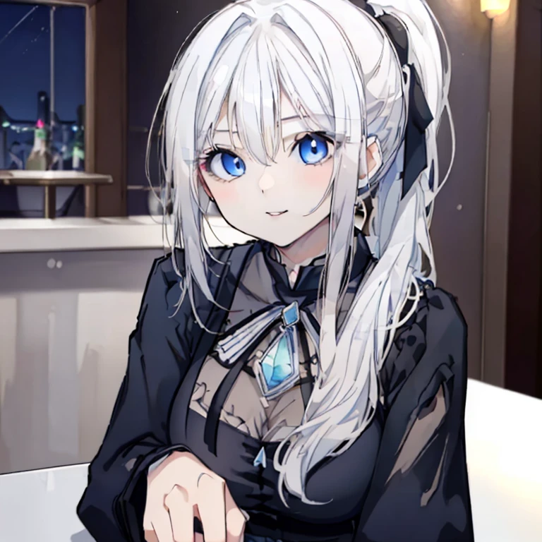 1 girl,White Hair,Long Hair,Blue Eyes,Sharp Eyes,ponytail,ハイponytail,Ample breasts,Large Breasts,Black Dress,necklace,Beautiful smile,bar counter,Rest your cheek on your hand,gorgeous,Night view