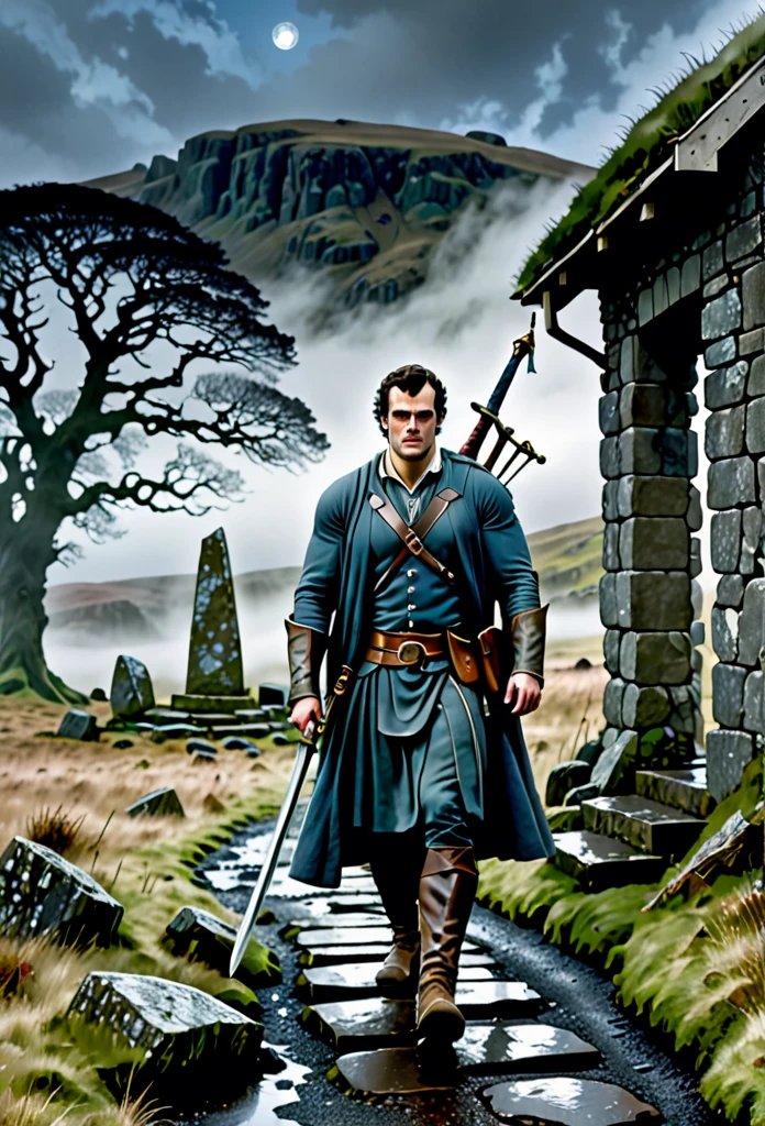 Henry Cavill as Connor McLeod looking battle-worn and determined, walking to a beautiful, cozy but eerie Bothy in the middle of nowhere at the misty Highland of Scotland, dragging his big long sword, torrential rain in winter afternoon, with ancient ruins nearby, including ancient standing stones with a mysterious figure nearby, surrounded by twisted, gnarled trees, with a hint of blue moonlight and a touch of mist around the Bothy, Don Lawrence photo realistic style, with an added mysterious figure near the standing stones