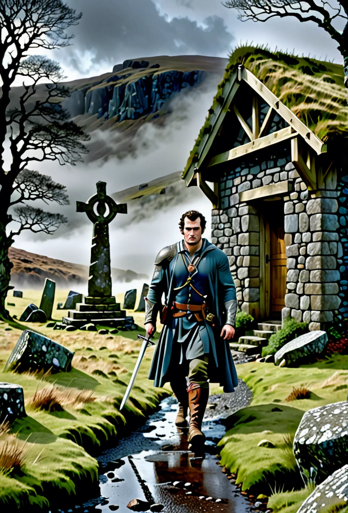 Henry Cavill as Connor McLeod looking battle-worn and determined, walking to a beautiful, cozy but eerie Bothy in the middle of nowhere at the misty Highland of Scotland, dragging his big long sword, torrential rain in winter afternoon, with ancient ruins nearby, including ancient standing stones with a mysterious figure nearby, surrounded by twisted, gnarled trees, with a hint of blue moonlight and a touch of mist around the Bothy, Don Lawrence photo realistic style, with an added mysterious figure near the standing stones