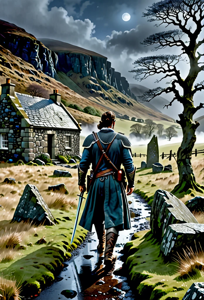 Henry Cavill as Connor McLeod looking battle-worn and determined, walking to a beautiful, cozy but eerie Bothy in the middle of nowhere at the misty Highland of Scotland, dragging his big long sword, torrential rain in winter afternoon, with ancient ruins nearby, including ancient standing stones with a mysterious figure nearby, surrounded by twisted, gnarled trees, with a hint of blue moonlight and a touch of mist around the Bothy, Don Lawrence photo realistic style, with an added mysterious figure near the standing stones