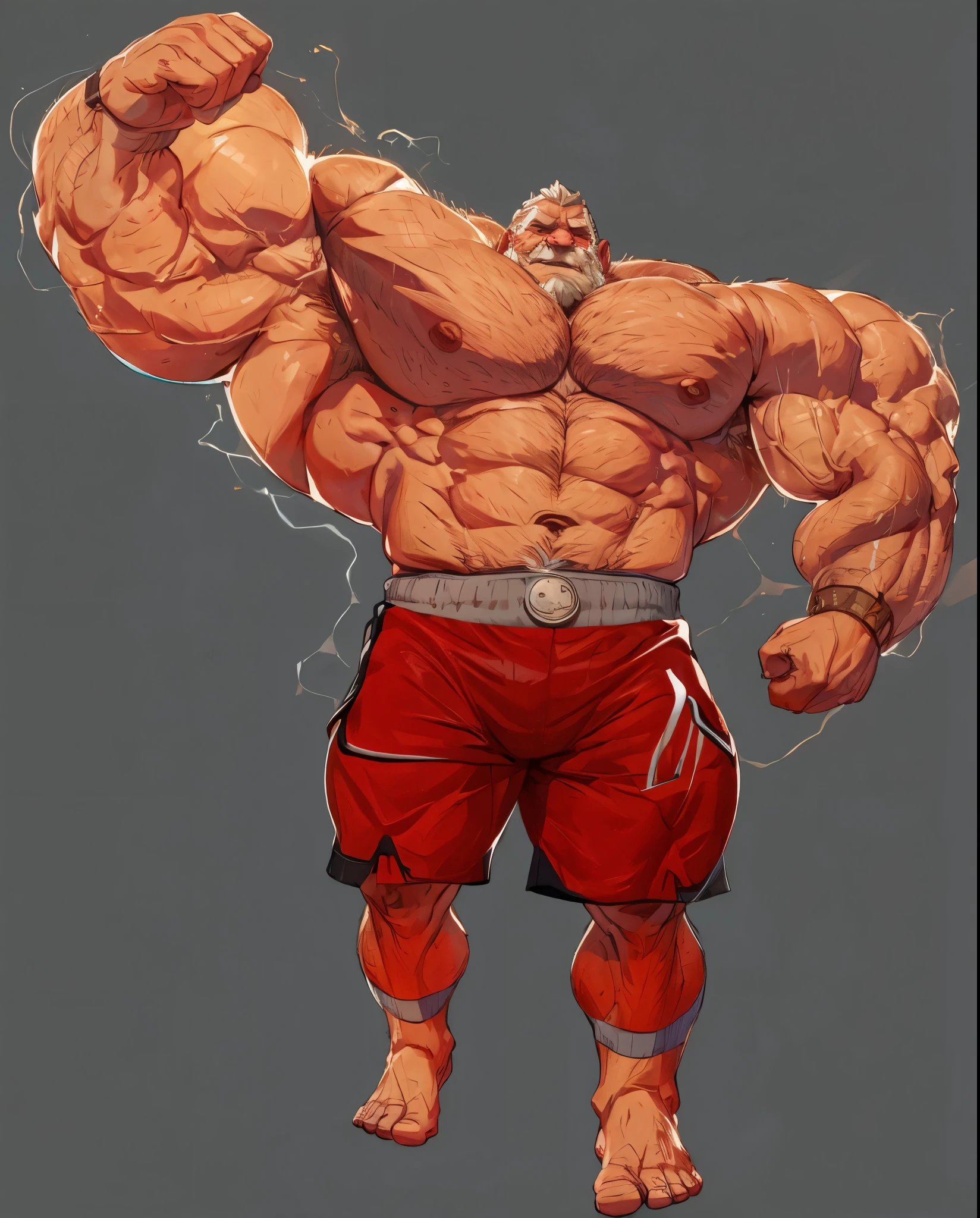 huge muscular old man, old man, massive muscle, wearing shorts
