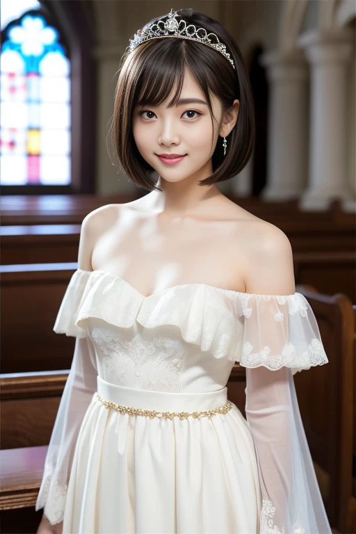 (highest quality:1.5)、(Realistic:1.5)、(1 person:1.5)、(Medium Shot:1.5)、Very detailed、High resolution、8k wallpaper、、Normal milk、Natural color lips、Cute Smile、Japanese women、20-year-old girl、Beautiful and elegant face、Perfect and beautiful face、Large, balanced eyes、Brunette's eyes、Beautiful and elegant face、Beautiful double eyelids、Natural Bangs、Beautiful thin nose、Beautiful Skin、Fair skin、(Medium Bob Hair)、Natural Bangs、Perfect and beautiful face、Slim face and figure、(Looking at the camera with a sweet smile)、Bright lighting、Professional Lighting、Forward lighting、Micro Mini Skirtのプリンセスドレス、tiara、(Wearing white off-the-shoulder wedding dress)、Wedding ceremony in a church with beautiful stained glass、pose for a photo、Micro Mini Skirt、garter belt、Knee-high stockings、
