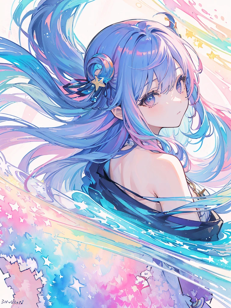 (masterpiece, top quality, best quality,watercolor (medium),official art, beautiful and aesthetic:1.2),(1girl:1.3), (fractal art:1.3),upper body, from side, looking at viewer,patterns,(rainbow color Hair,colorful hair,half blue and half pink hair:1.2),water,liquid, cloud,colorful, starry,stars,