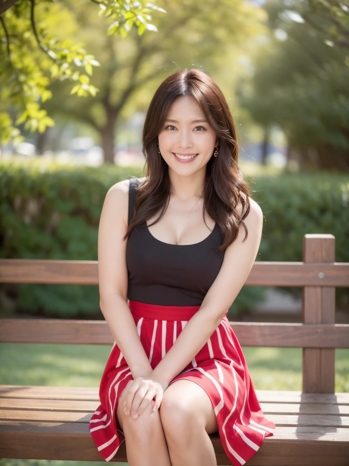 最high quality, In 8K, Masseter region, Vibrant, Sharp focus, high quality, High resolution, Detailed face, Fine grain, Thick lips, (Looking at the audience), alone, Beautiful woman, 38 years old, （Short black hair:1.5）, Cleavage, afternoon、In front of the garden in the park,(Sit with your feet together on the bench:1.6）、（Red and white striped dress:1.6）、（smile:1.5）、（Black pumps:1.5）