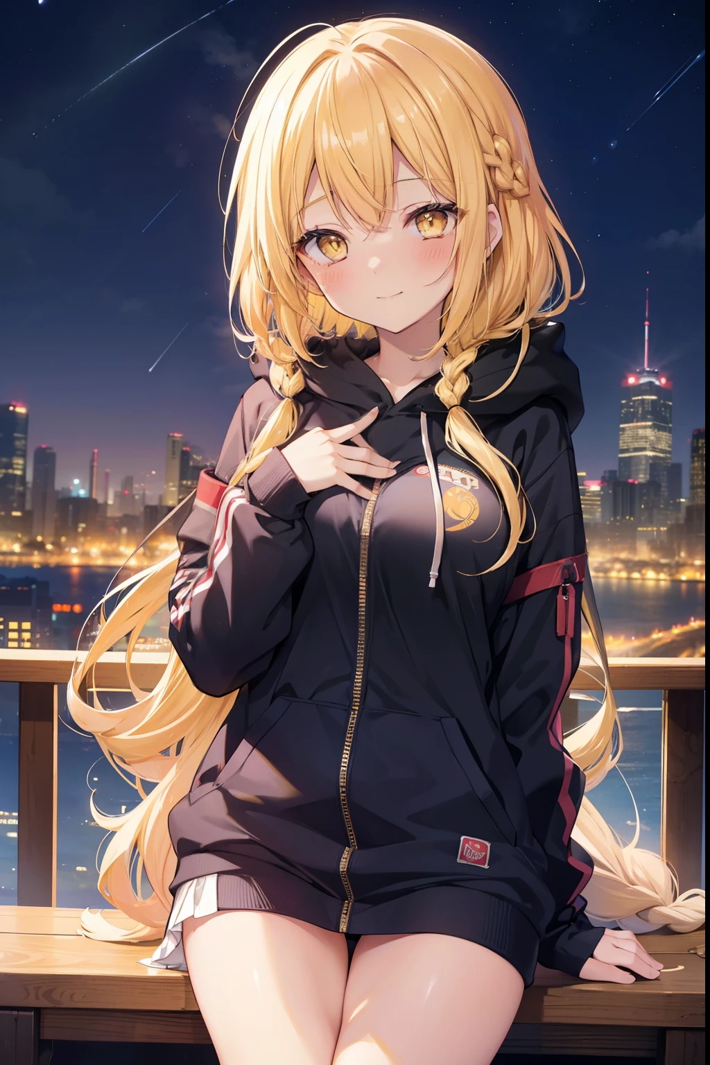 Mahiru shiina, , blonde, (Yellow Eyes:1.3)、Braided long hair,,blush,smile,night、Beautiful views, Attractive thighs、Beautiful bare legs, Naked in a sexy hoodie、Show off your breasts and seduce、Her zipper is down and open, Expose your breasts、You can see Pantastar's work..:1.2), highest quality, High resolution, unity 8k wallpaper, (shape:0.8), (Beautiful and beautiful eyes:1.6), Highly detailed face, Perfect lighting, Extremely detailed CG, (Perfect hands, Perfect Anatomy),