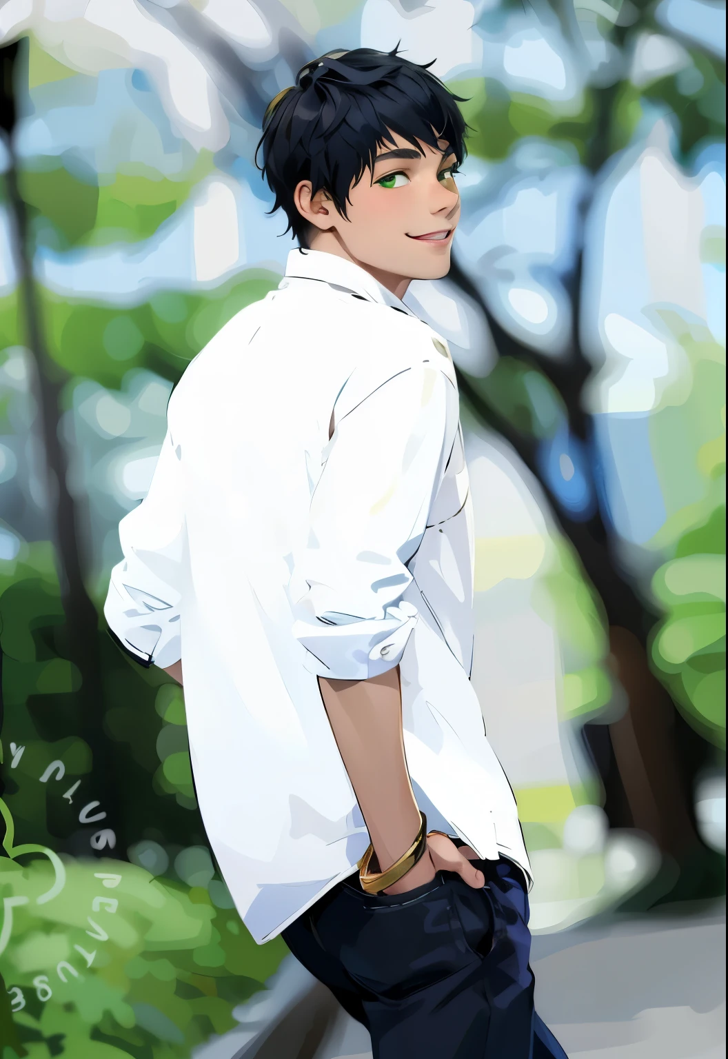 copper skin his skin is tan young man white hair green eyes mischievous smile he has gold jewelry on bracelets