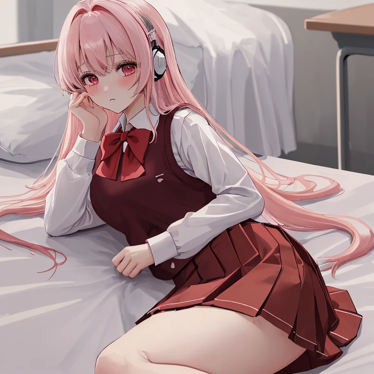 (8k、highest quality、masterpiece:1.2)、Illustration touch、Ultra-detailed、Super A High Resolution、Light pink hair、long hair、Headphones、Woman in uniform、clear、Junior High 、ボタンを全部とめた白色のLong sleeve blouseと紺色のSweater vest、Long sleeve blouse、Tightly tied red bow tie、紺色のSweater vest、Sweater vest、Red Check Skirt、Red Check Skirt、mini skirt、White Pantyhose、Lying exhausted in bed、Inner thighs、Thin limbs、White panties、(School uniform:1.4)、Blushing、Embarrassed、Watery eye、Pulling up her skirt