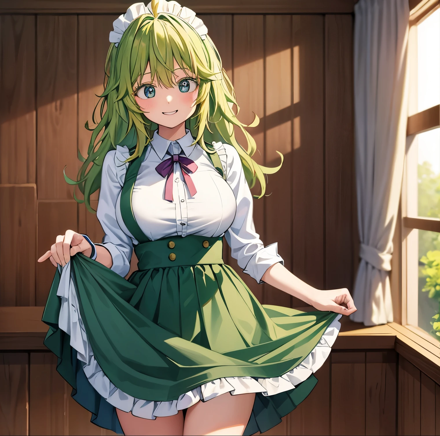 1girl, alone, tooru hagakure,masterpiece,best quality,highres,ultra-detailed,hagakure tooru,green eyes,multicolored hair,long hair,ahoge,bangs,large breasts,indoors,cafe,maid,maid headdress,apron,(skirt hold:1.2),standing,cowboy shot,smile, perfect hands, perfect anatomy 