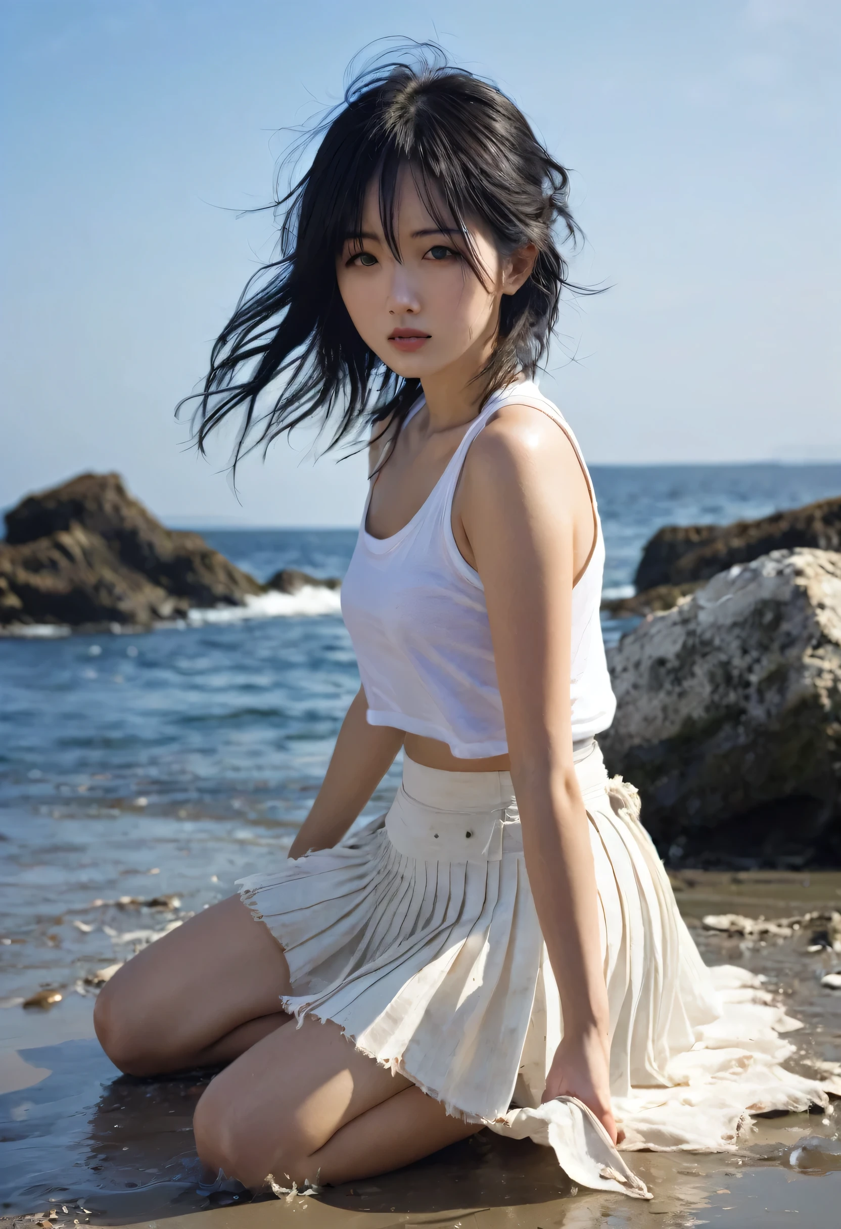 (highest quality, 4K. photograph, Fine:1.4), (A Japanese girl in rags:1.4), 18-year-old, Drifting Girl, Distressed Girl, very cute, Seaside, Ragged black hair, (A very dirty and tattered white pleated skirt:1.2), Very beautiful:1.2, I can see her thighs:1.2, Full of bruises, Half naked, (A very dirty and tattered white tank top:1.2), covering one&#39;s chest with one&#39;s arms, Sleeveless, (裂けてI can see her thighs白いプリーツスカート:1.2), Dressed like a homeless person, Muddy&#39;s Shoes, Walking while crying, Deserted Island, Washed ashore, Feeling embarrassed, Belly button, The whole body is dirty, A badly ripped white tank top, Like a wild , Muddy, Tattered white clothes:1.2, A badly ripped white pleated skirt, barefoot, Full body video:1.2