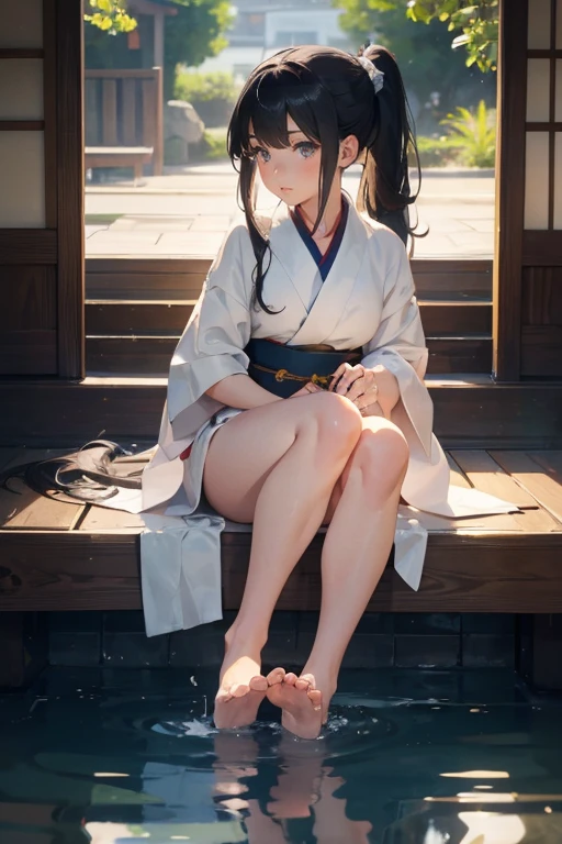 1girl,solo,cute,navy hair and long hair,ponytail,beautiful face,white kimono,bare foot,foot focus,footbath,from the front,sole,low angle